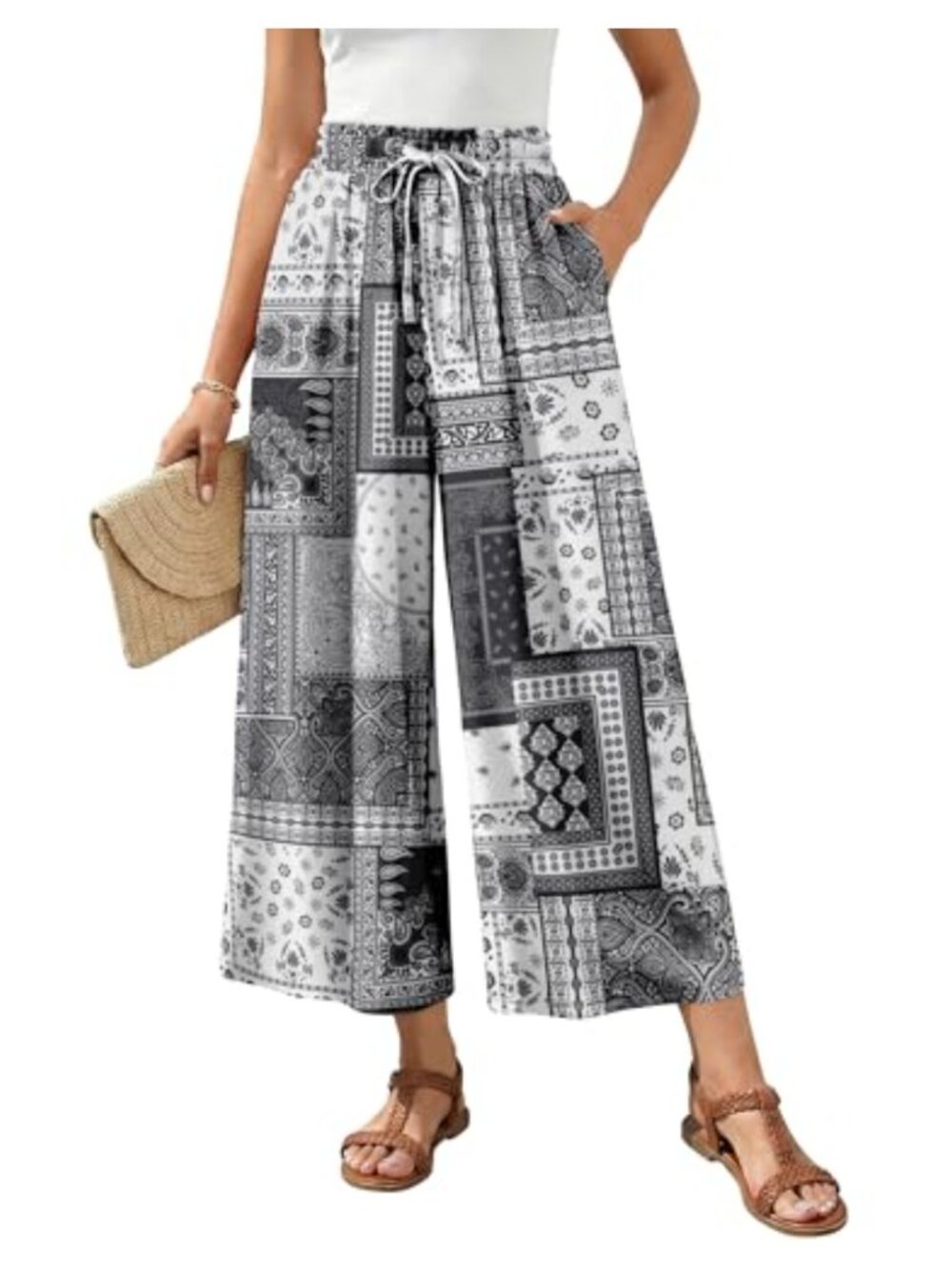 Women's Wide Leg Palazzo Pants High Waist Casual Drawstring Pockets Lounge Beach